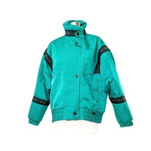 Vintage 80’s Fera Ski Wear Bright Teal Green Blue Ribbon Trim Winter Puffer Coat